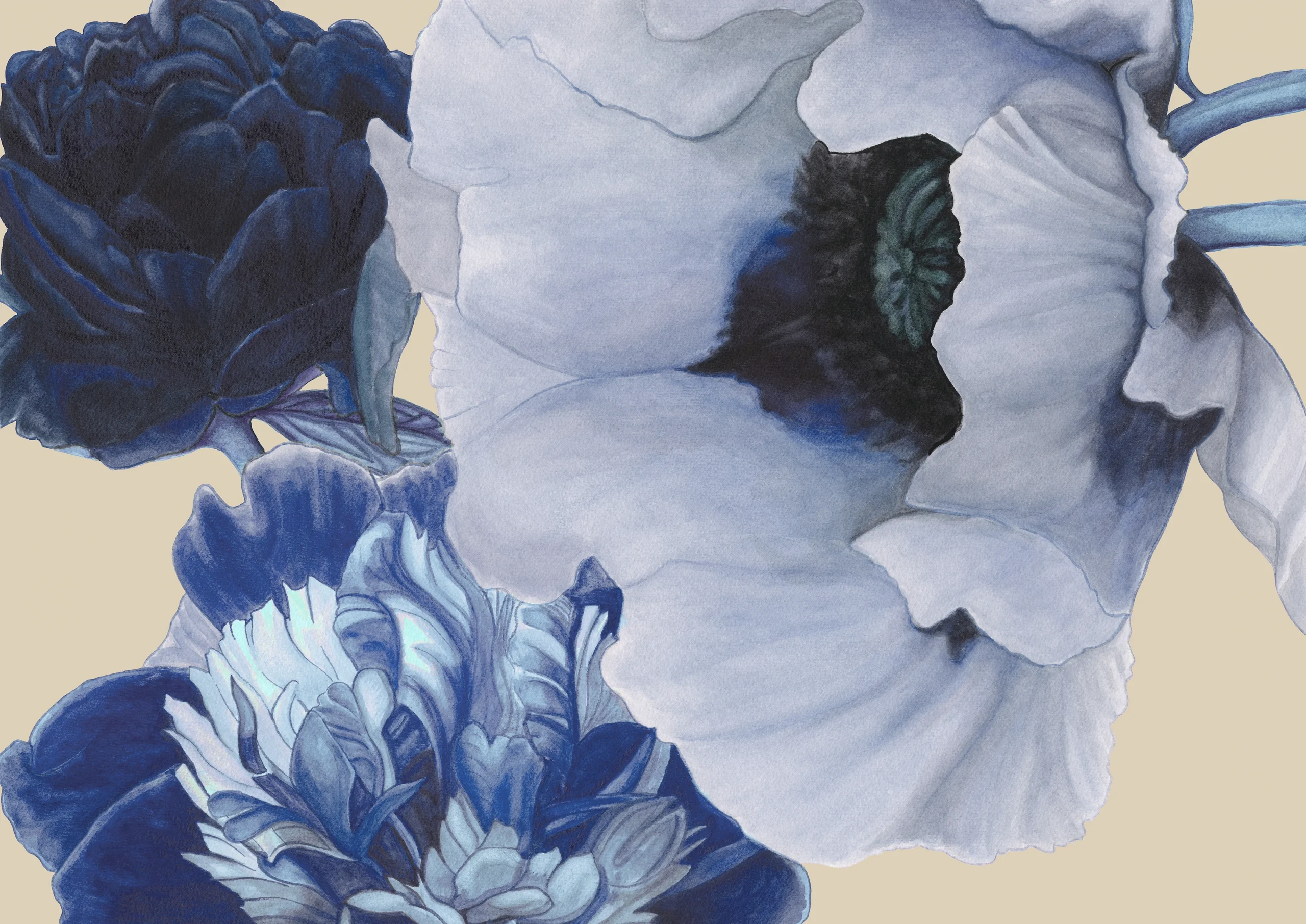 Cindy Pretorius Collection CP15 Shades of blue peonies with cream background print