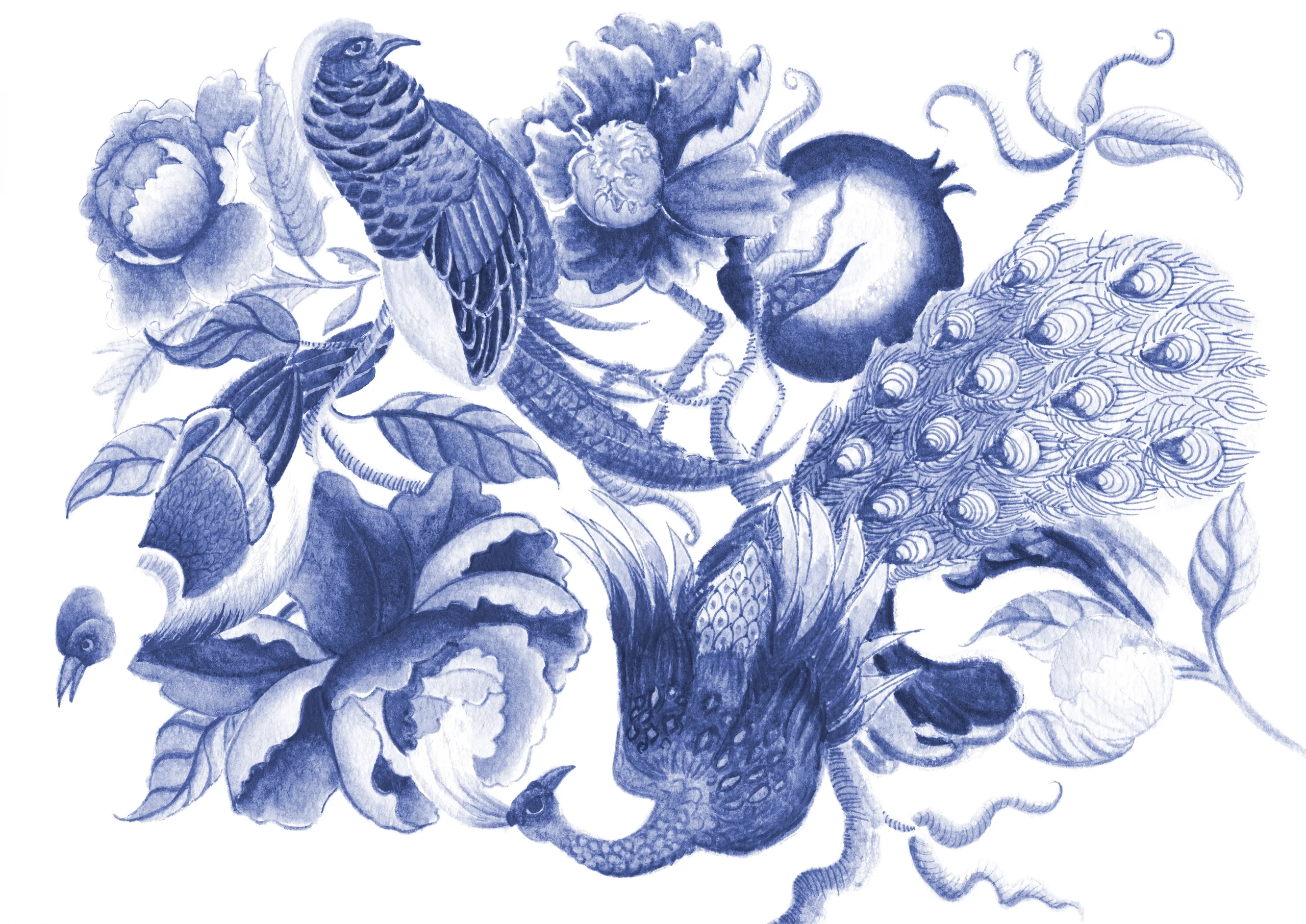 Cindy Pretorius Collection CP18 Peacock, birds and flower blue print with white background