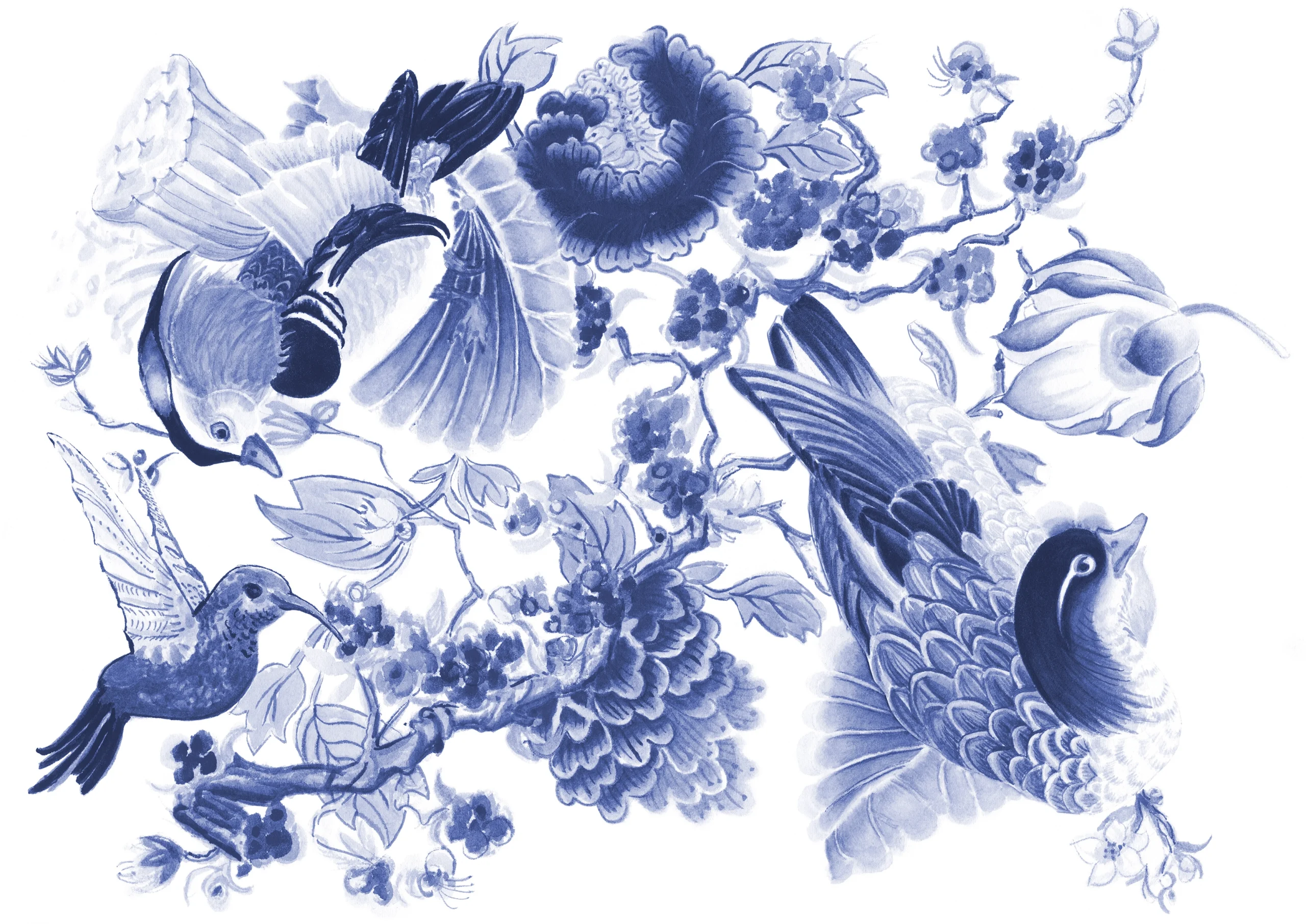 Cindy Pretorius Collection CP21 Hummingbird, duck blue print with white background