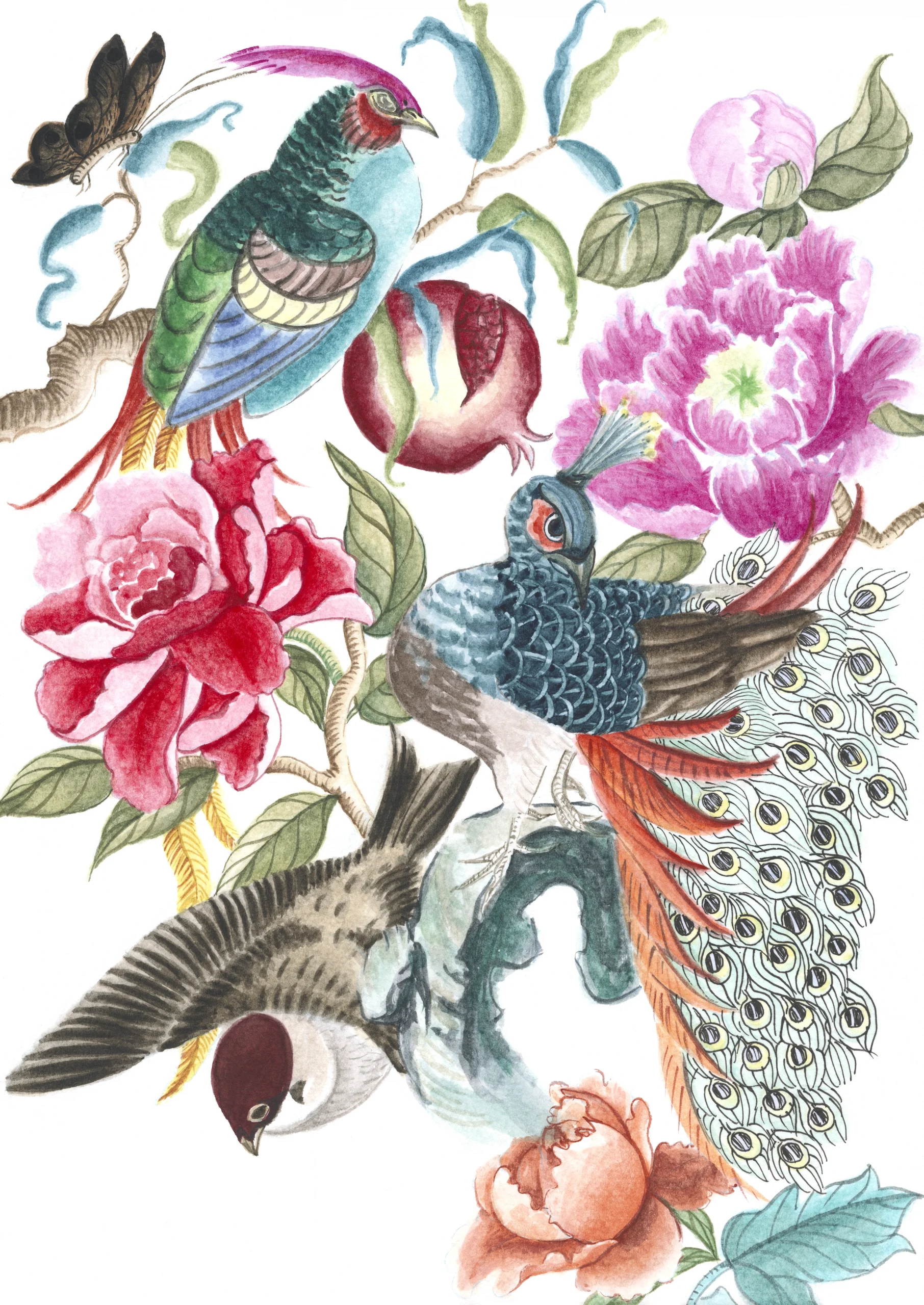 Cindy Pretorius Collection CP23 Peacock, mousebird colourful print with white background