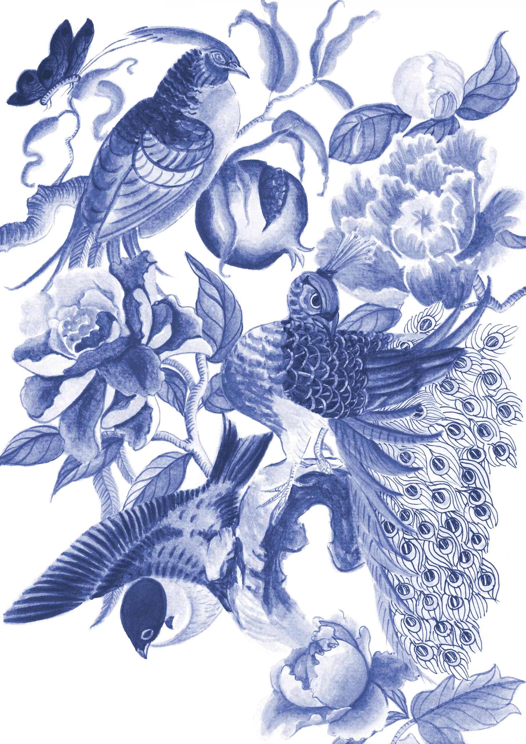 Cindy Pretorius Collection CP23 Peacock, mousebird blue print with white background