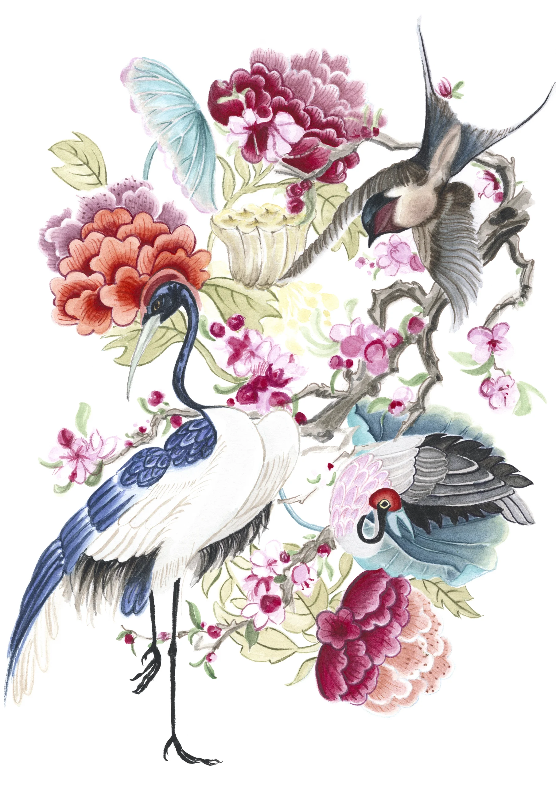 Cindy Pretorius Collection CP26 Swallow and blue crane colourful print with white background