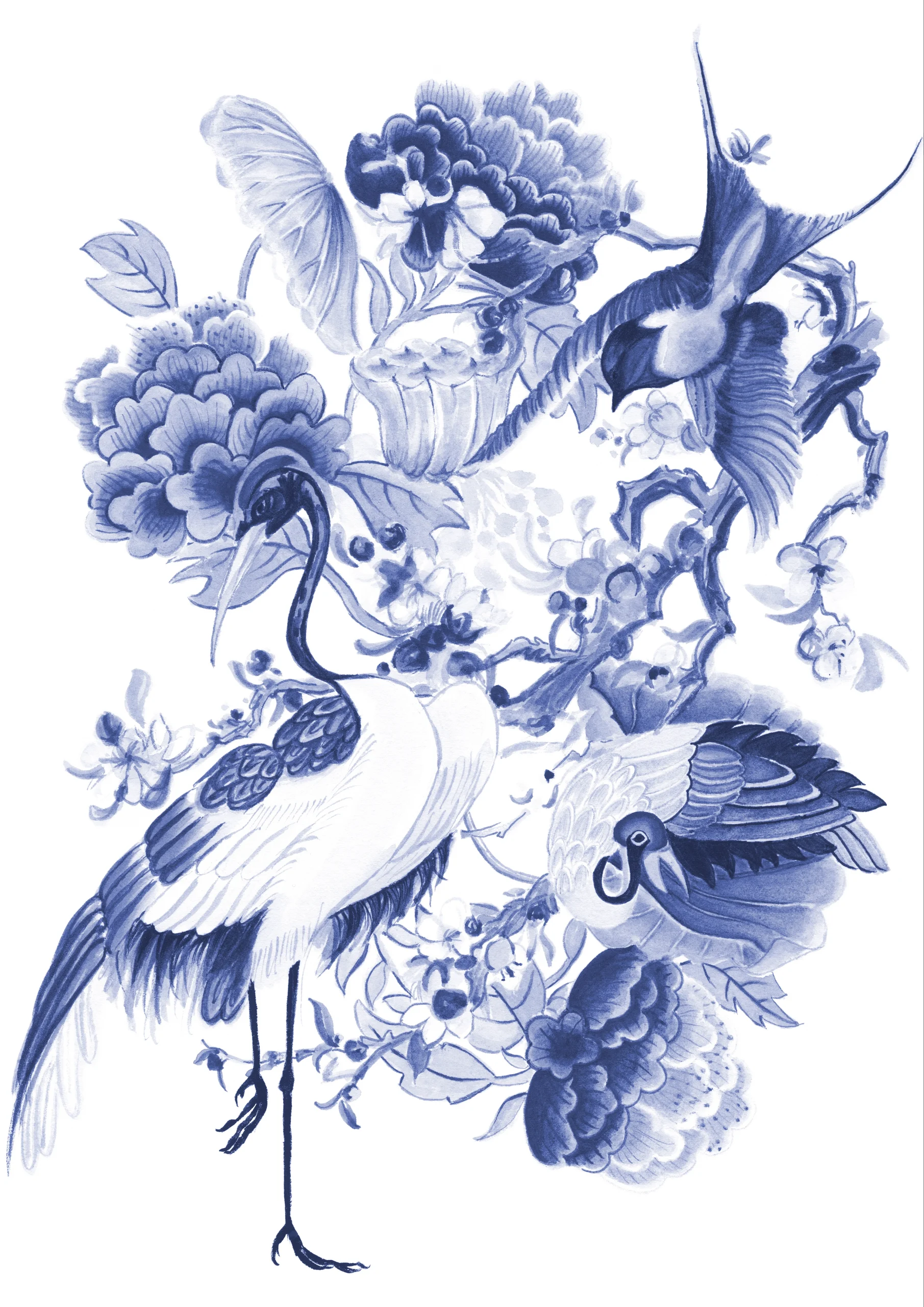 Cindy Pretorius Collection CP27 Swallow and blue crane blue print with white background