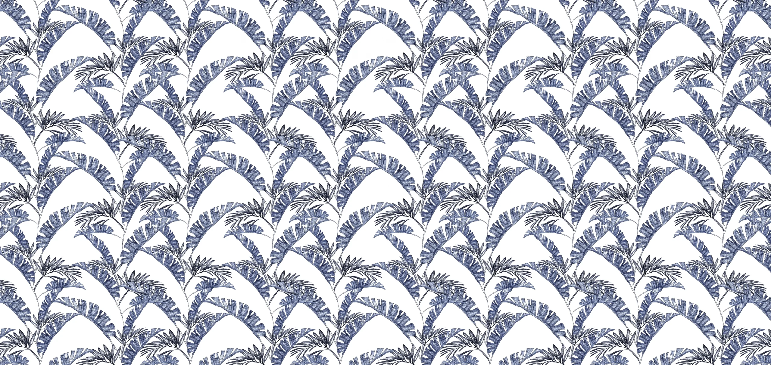 Sarah Allderman Collection SA06 Blue palm leaves on white print, Orms Print Room