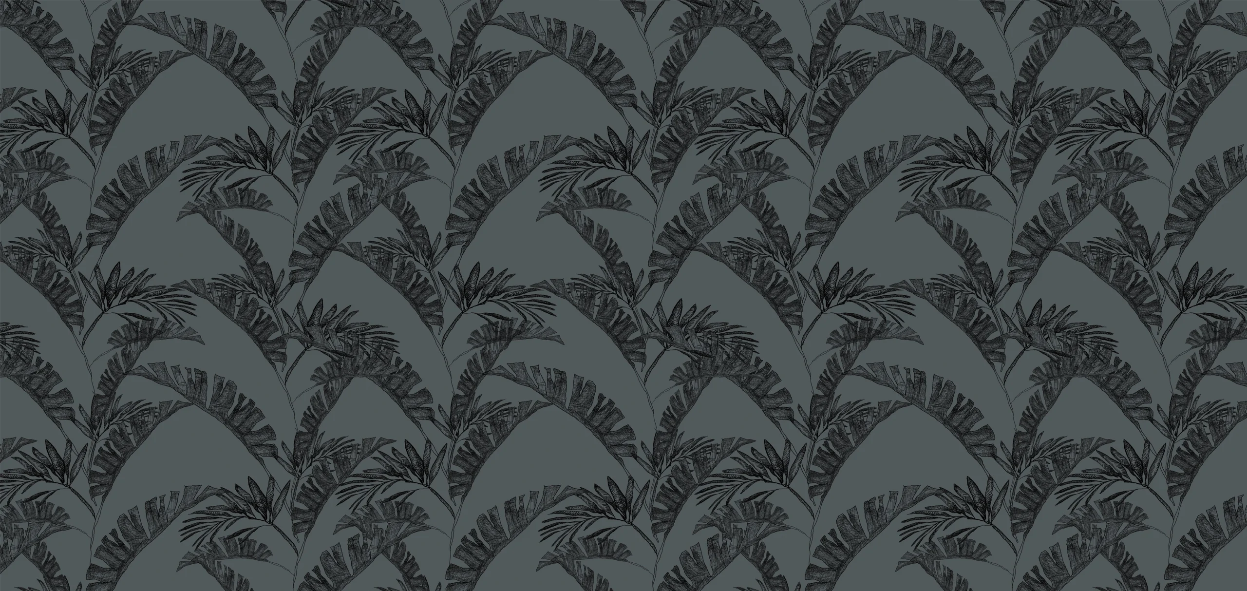 Sarah Allderman Collection SA09 Black palm leaves on grey print, Orms Print Room