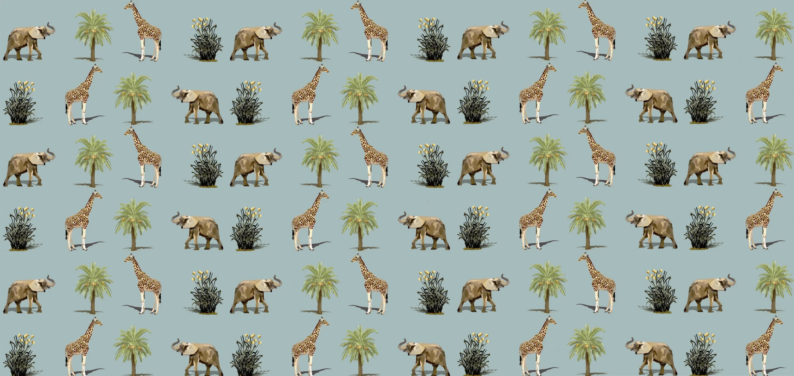 Sarah Allderman Collection SA16 Giraffe, elephant and palm tree on blue print, Orms Print Room