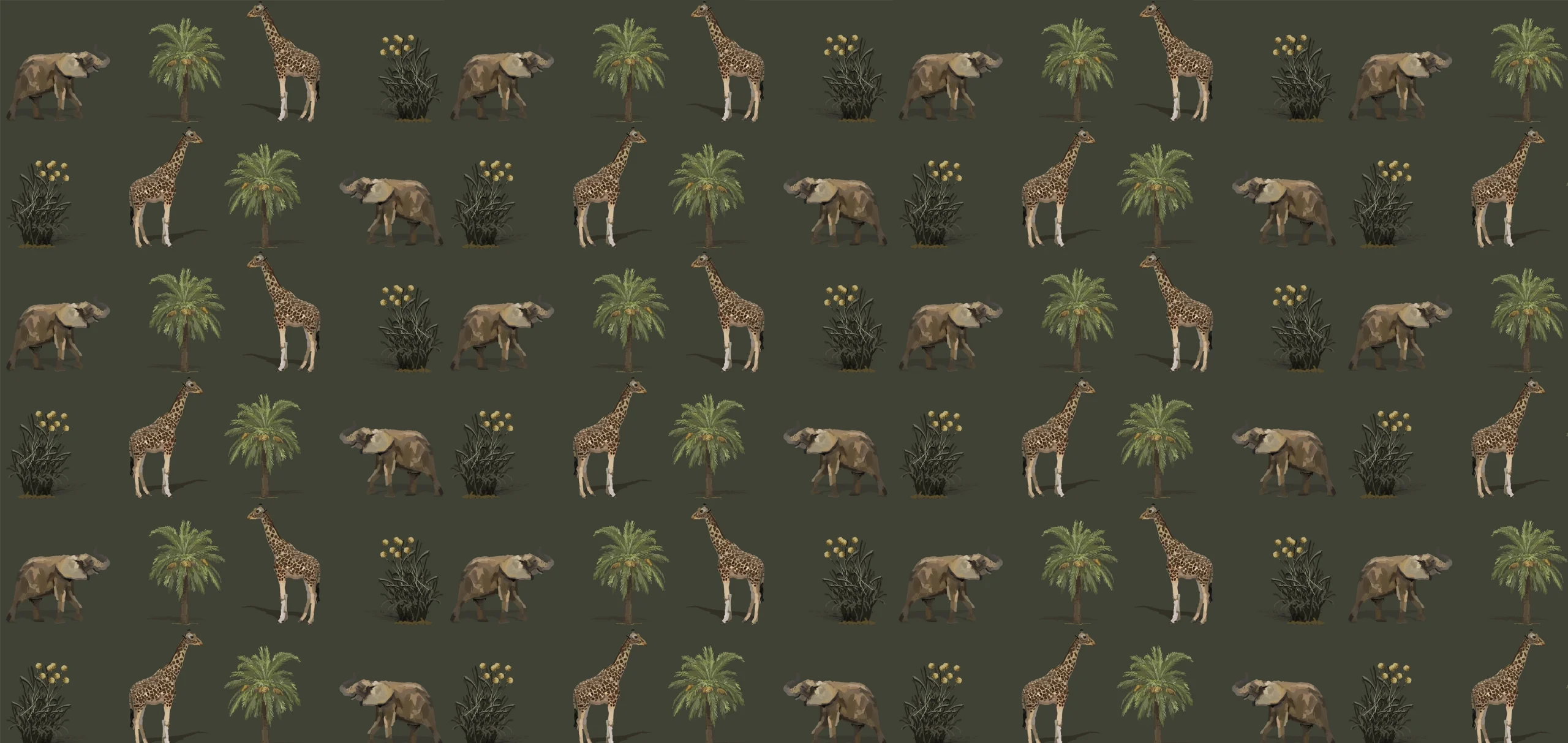 Sarah Allderman Collection SA17 Giraffe, elephant and palm tree on grey print, Orms Print Room