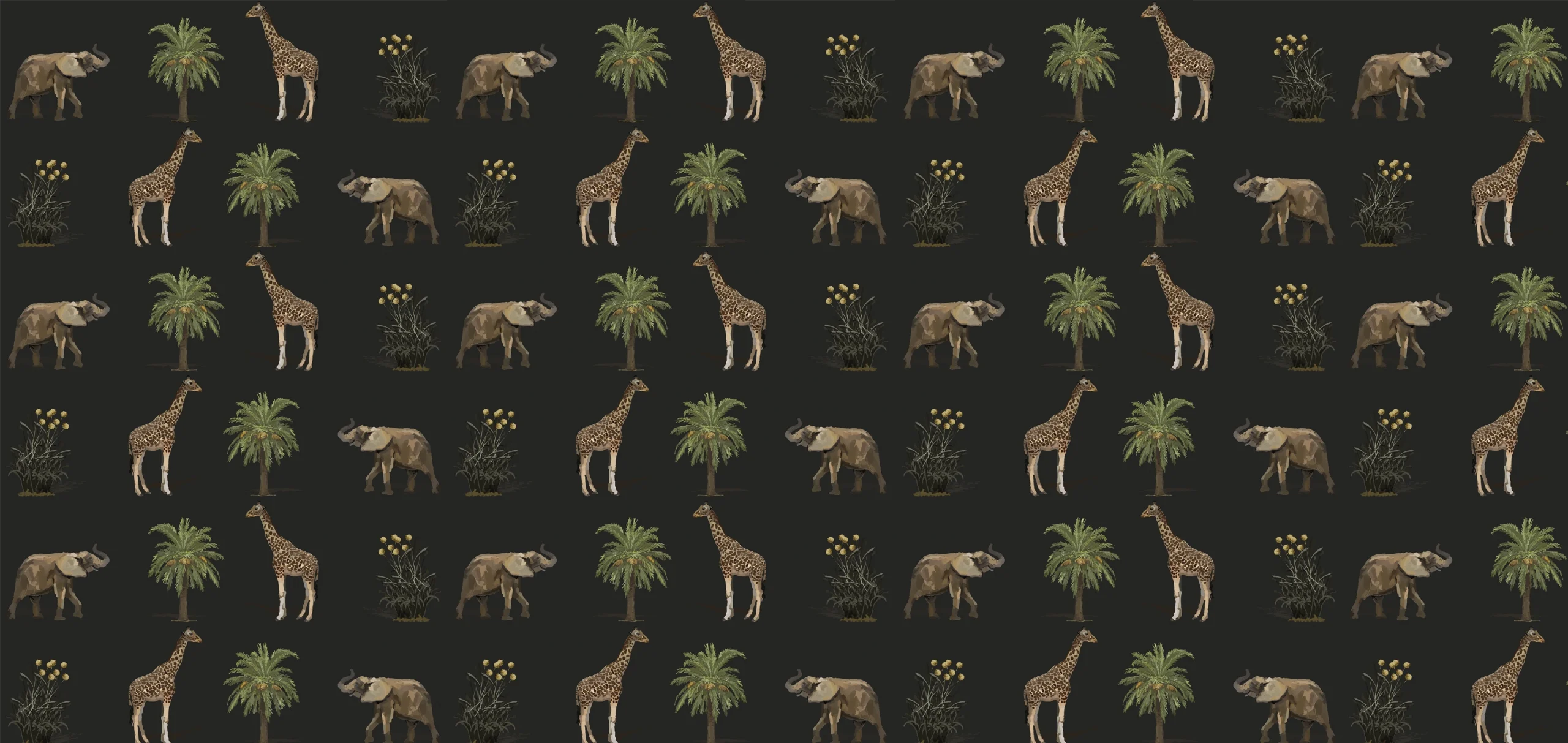 Sarah Allderman Collection SA18 Giraffe, elephant and palm tree on black print, Orms Print Room