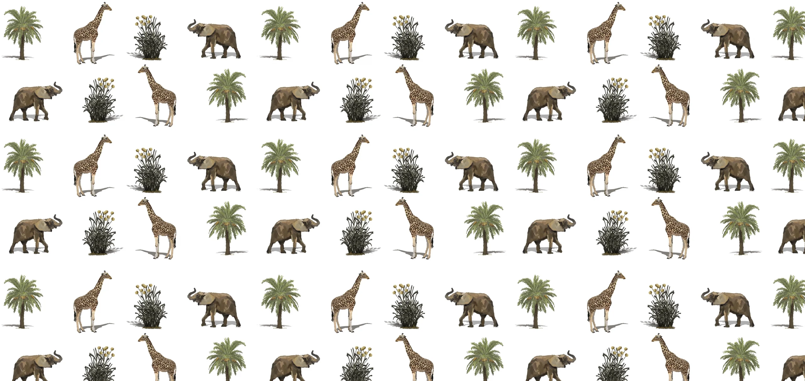 Sarah Allderman Collection SA19 Giraffe, elephant and palm tree on white print, Orms Print Room